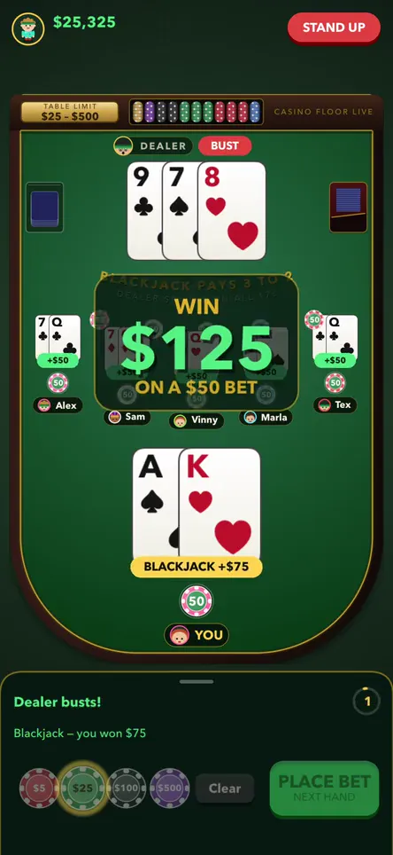 A full blackjack table: the player holds ace-king for blackjack and the dealer has busted.