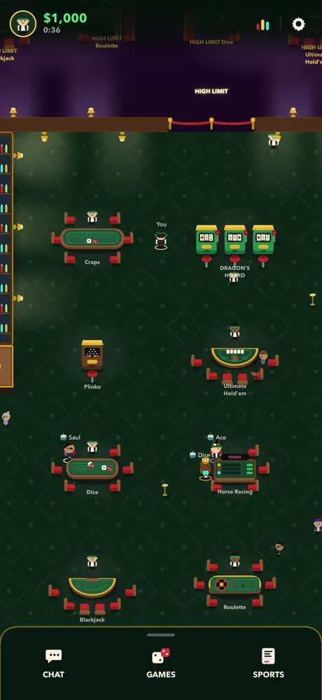 The same casino floor on iPhone: the craps, dice, horse racing, blackjack and roulette tables, the Dragon's Hoard slots, and the high-limit room up the stairs.