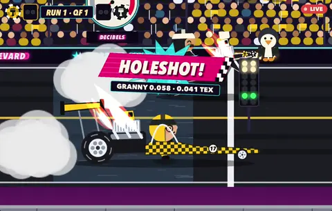 Burnout Boulevard: a dragster launches in a cloud of smoke under a HOLESHOT banner.