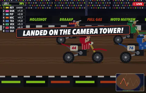 Moto Mayhem: dirt bikes in a stadium, and a rider has landed on the camera tower.